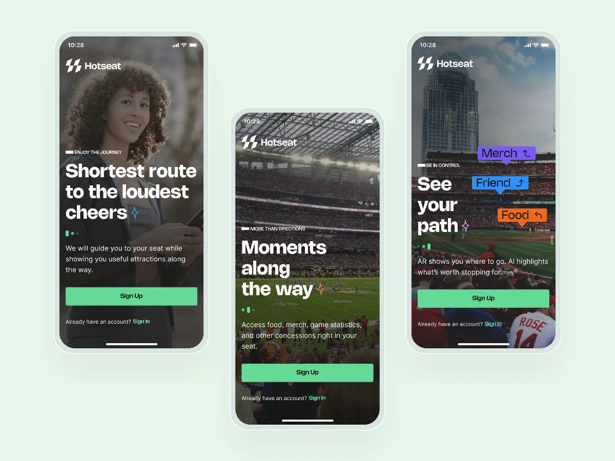 Hotseat in-venue guided navigation app screens