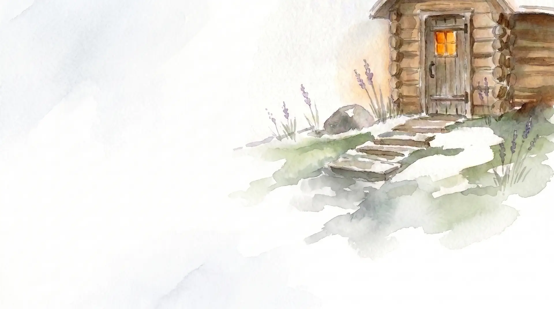 Watercolor illustration of a log cabin with a warm lit door and stone steps leading up to it