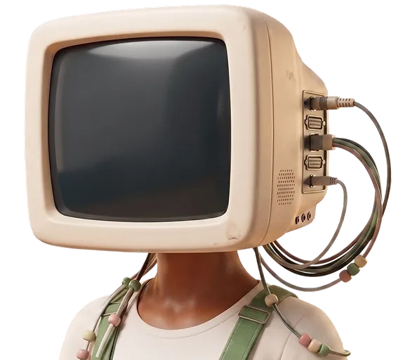 Zoey, a character with a CRT monitor head, seen from behind at the bottom edge of the screen